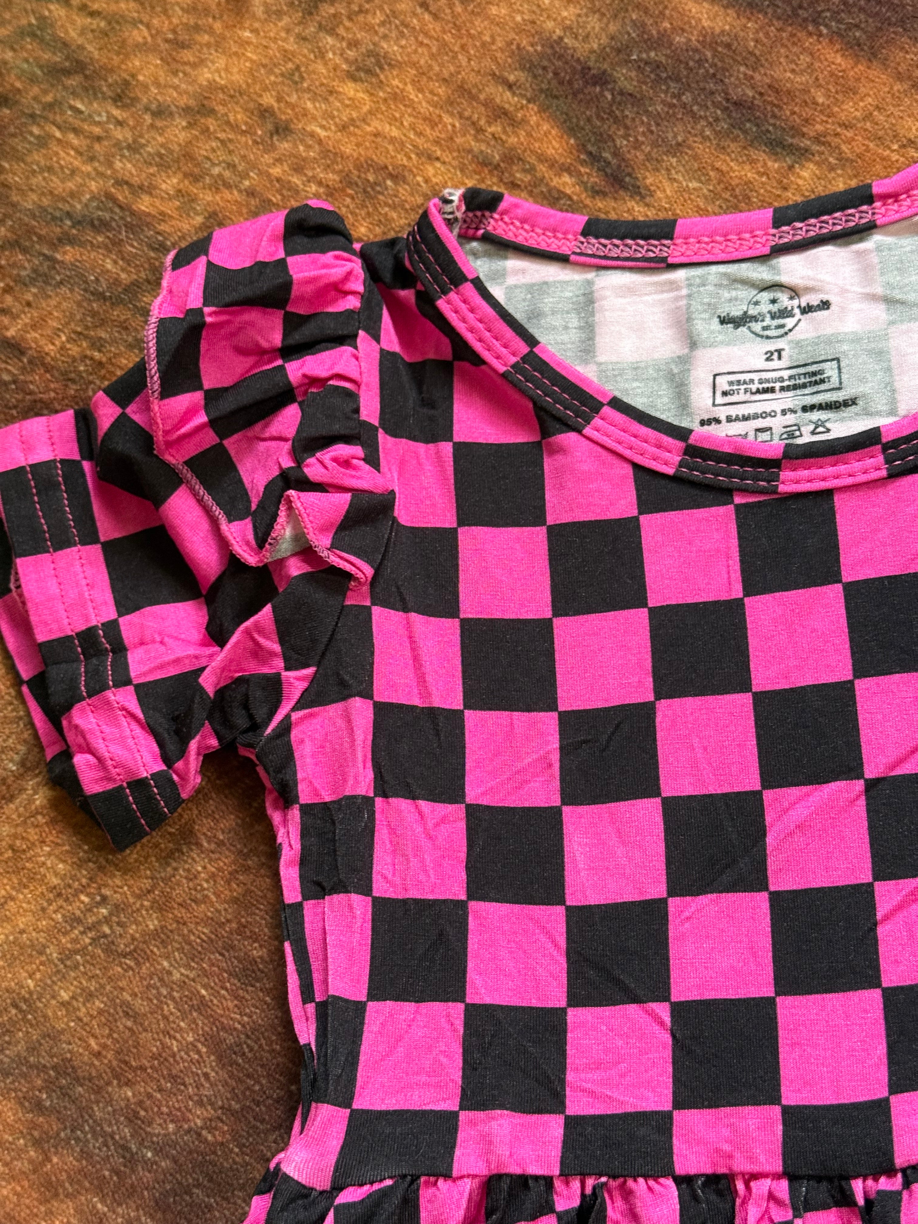 Pink Pit Crew Checks Flutter Sleeve Twirl Dress