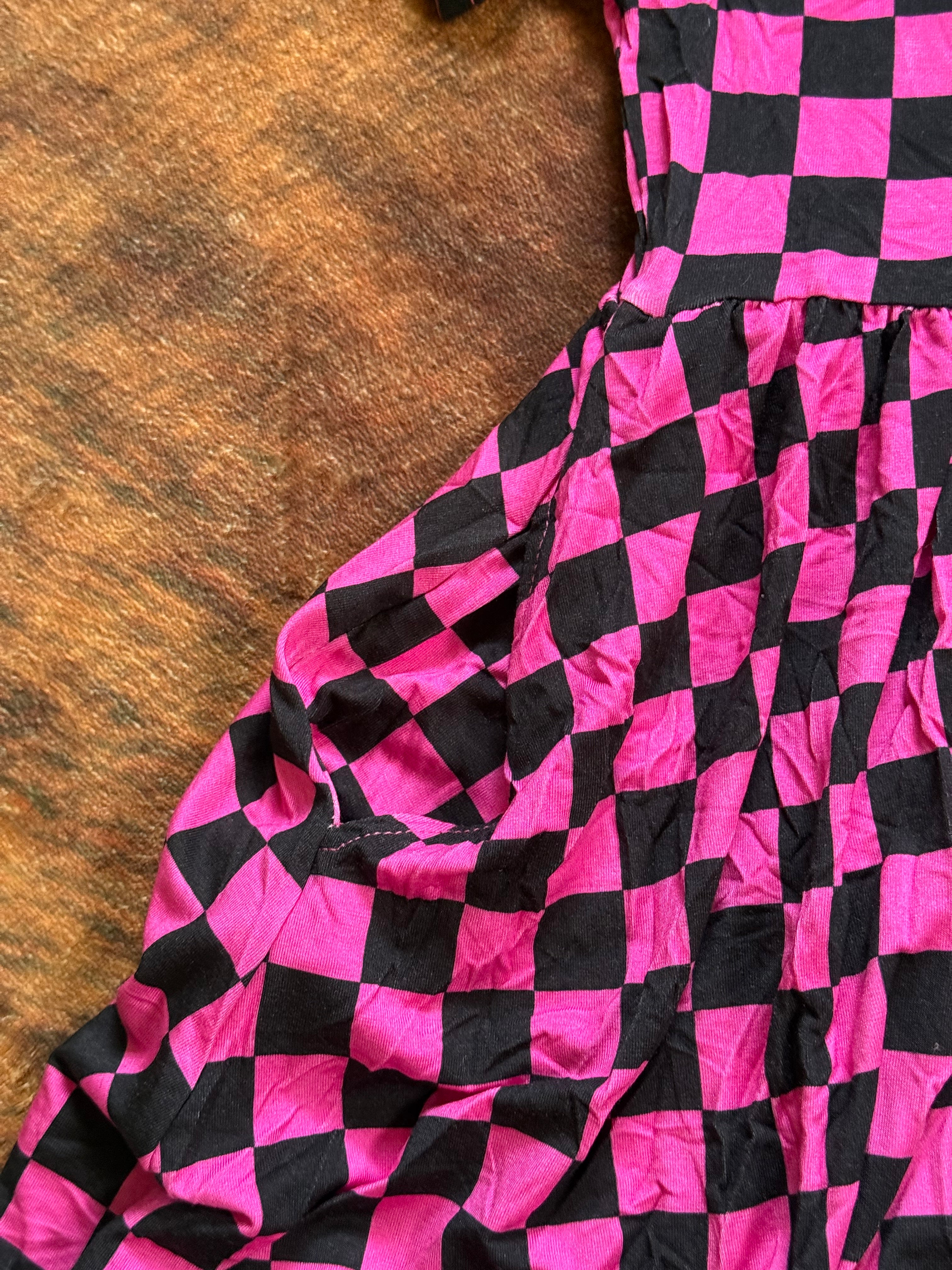 Pink Pit Crew Checks Flutter Sleeve Twirl Dress