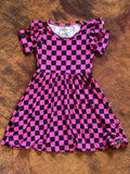 Pink Pit Crew Checks Flutter Sleeve Twirl Dress